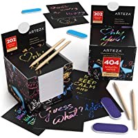 Arteza Notas de scratch art- juego de 2 tacos de notas para rascar- total 404 notas mágicas- con 2 estiletes de madera…